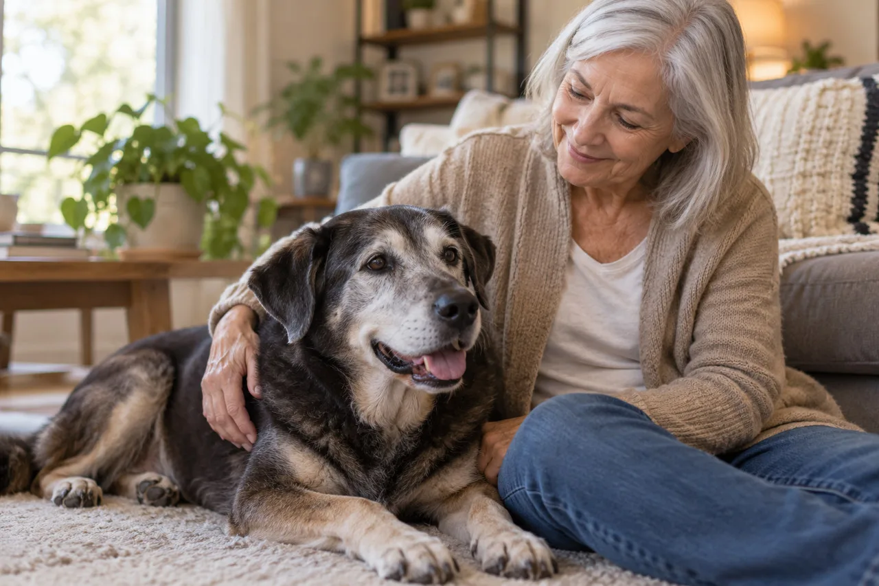 Owner sitting at home beside a gray-muzzled dog